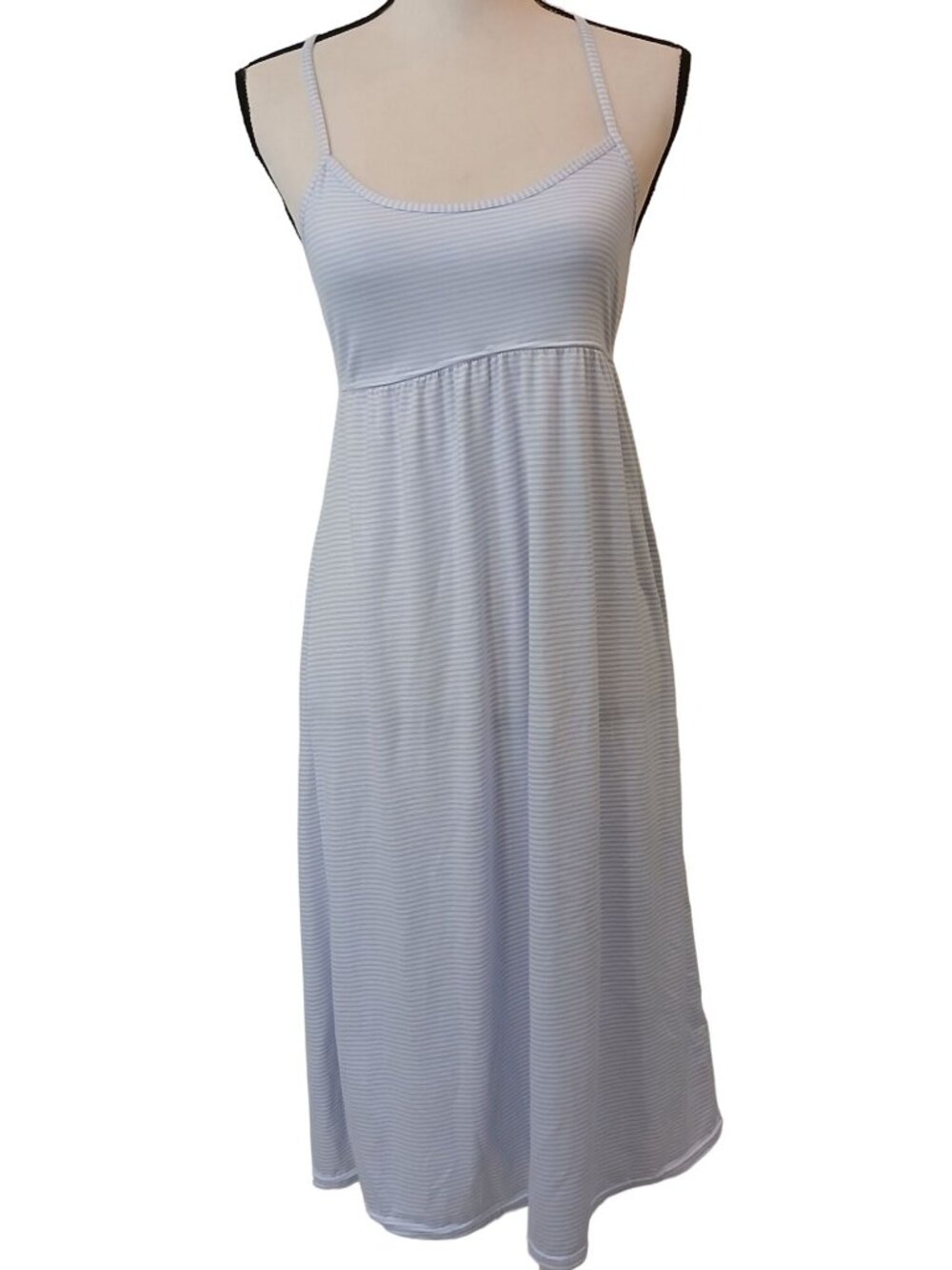 Laura Ashley Women's Medium Nightgown Light Blue Striped Lace-Back Sundress #D34